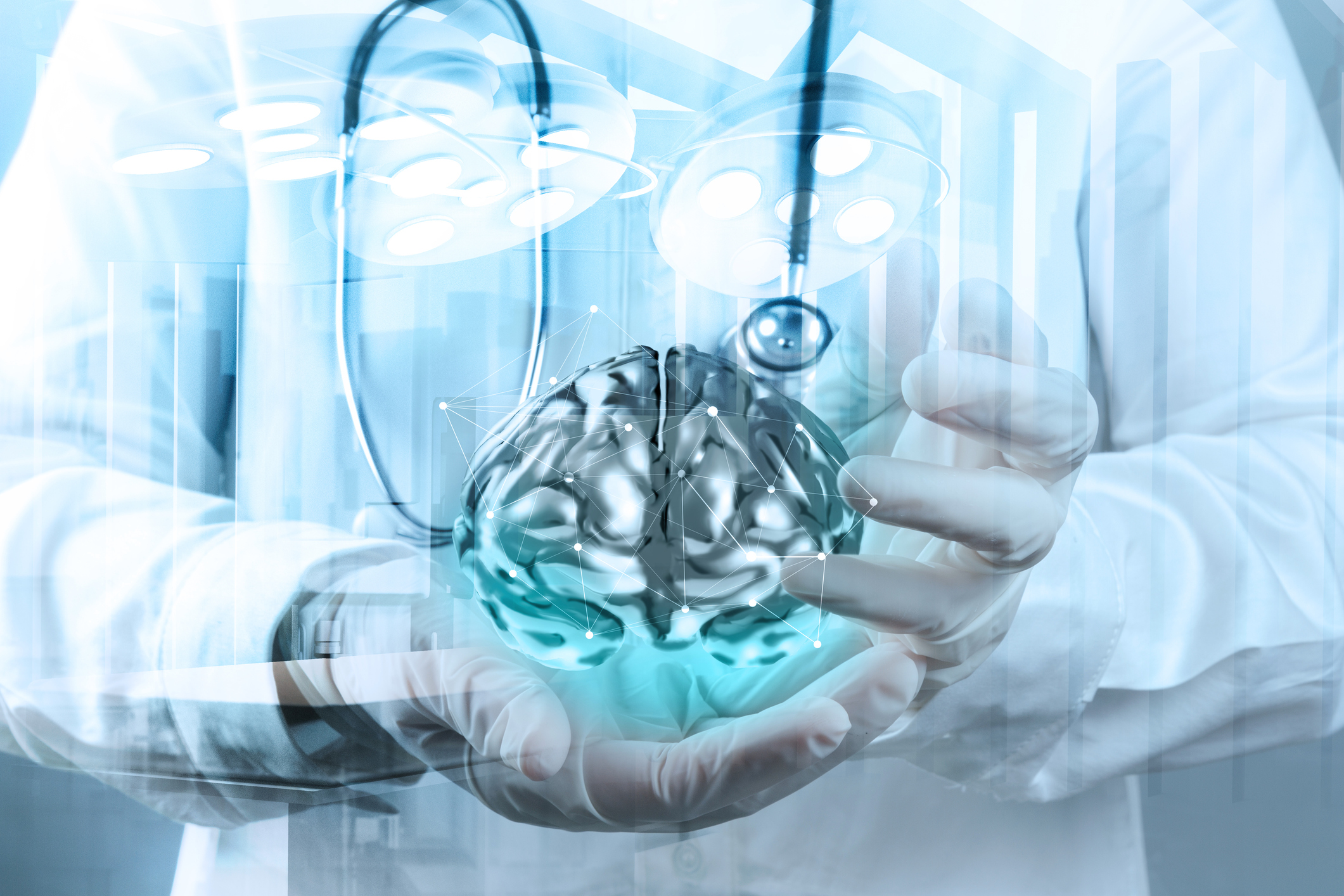 Double exposure of doctor neurologist hand show metal brain with computer interface as concept